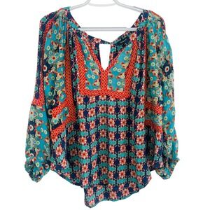 Tolani Anthropologie Silk Boho Floral Print Flowy Keyhole Blouse Top‎ Womens SM